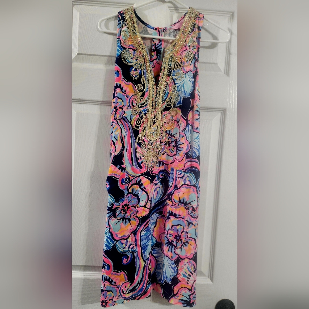 Lilly Pulitzer Carlotta Dress Womens Size 4 EUC Beautiful print with gold accent